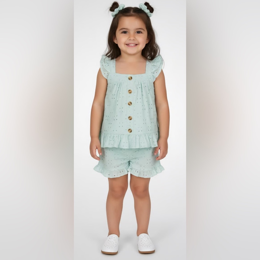 Little Lass Mint Eyelet Two-Piece Set with Headband